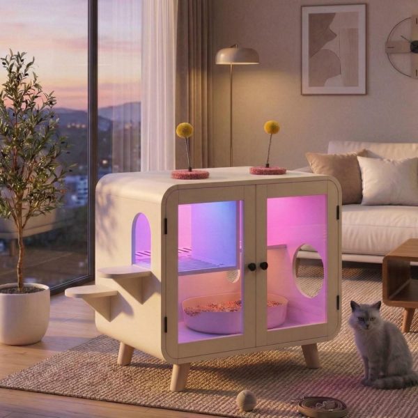 omnihaven mid century modern cat litter box enclosure, smart rgb tv style cat cabinet side table with litter leak walkway, glass doors & interactive toys