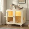 omnihaven mid century modern cat litter box enclosure, smart rgb tv style cat cabinet side table with litter leak walkway, glass doors & interactive toys