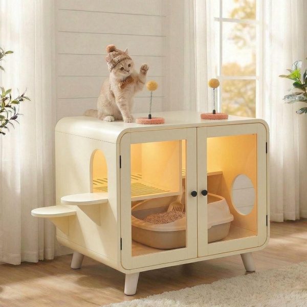 omnihaven mid century modern cat litter box enclosure, smart rgb tv style cat cabinet side table with litter leak walkway, glass doors & interactive toys