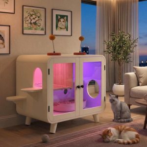 omnihaven mid century modern cat litter box enclosure, smart rgb tv style cat cabinet side table with litter leak walkway, glass doors & interactive toys