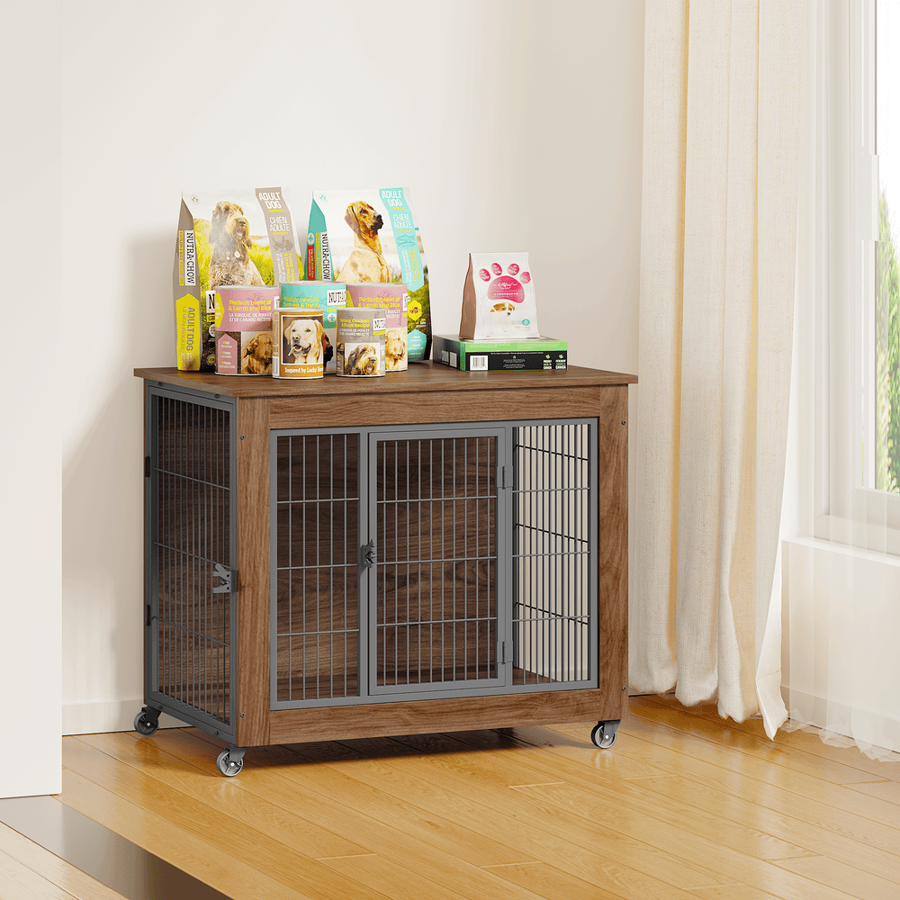 furniture style dog crate in modern living room
