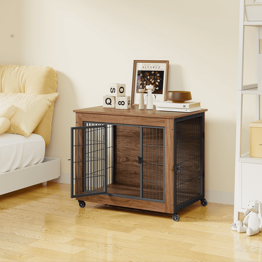 wooden dog crate furniture beside bed