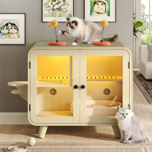 omnihaven mid century modern cat litter box enclosure, smart rgb tv style cat cabinet side table with litter leak walkway, glass doors & interactive toys