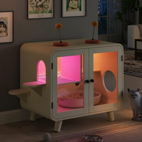 omnihaven mid century modern cat litter box enclosure, smart rgb tv style cat cabinet side table with litter leak walkway, glass doors & interactive toys