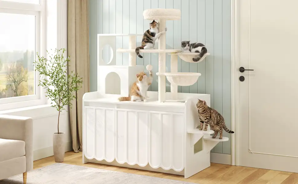 comfortable indoor cat furniture with plush hammock and enclosed cat condo