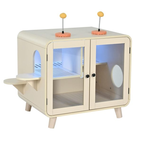 omnihaven mid century modern cat litter box enclosure, smart rgb tv style cat cabinet side table with litter leak walkway, glass doors & interactive toys