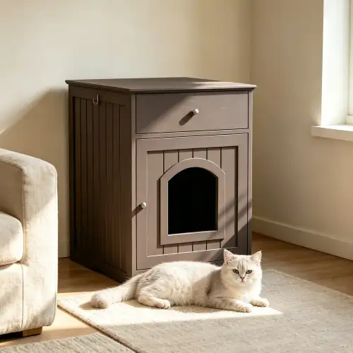 Wooden cat litter box cabinet with drawer and side table top in a cozy living room