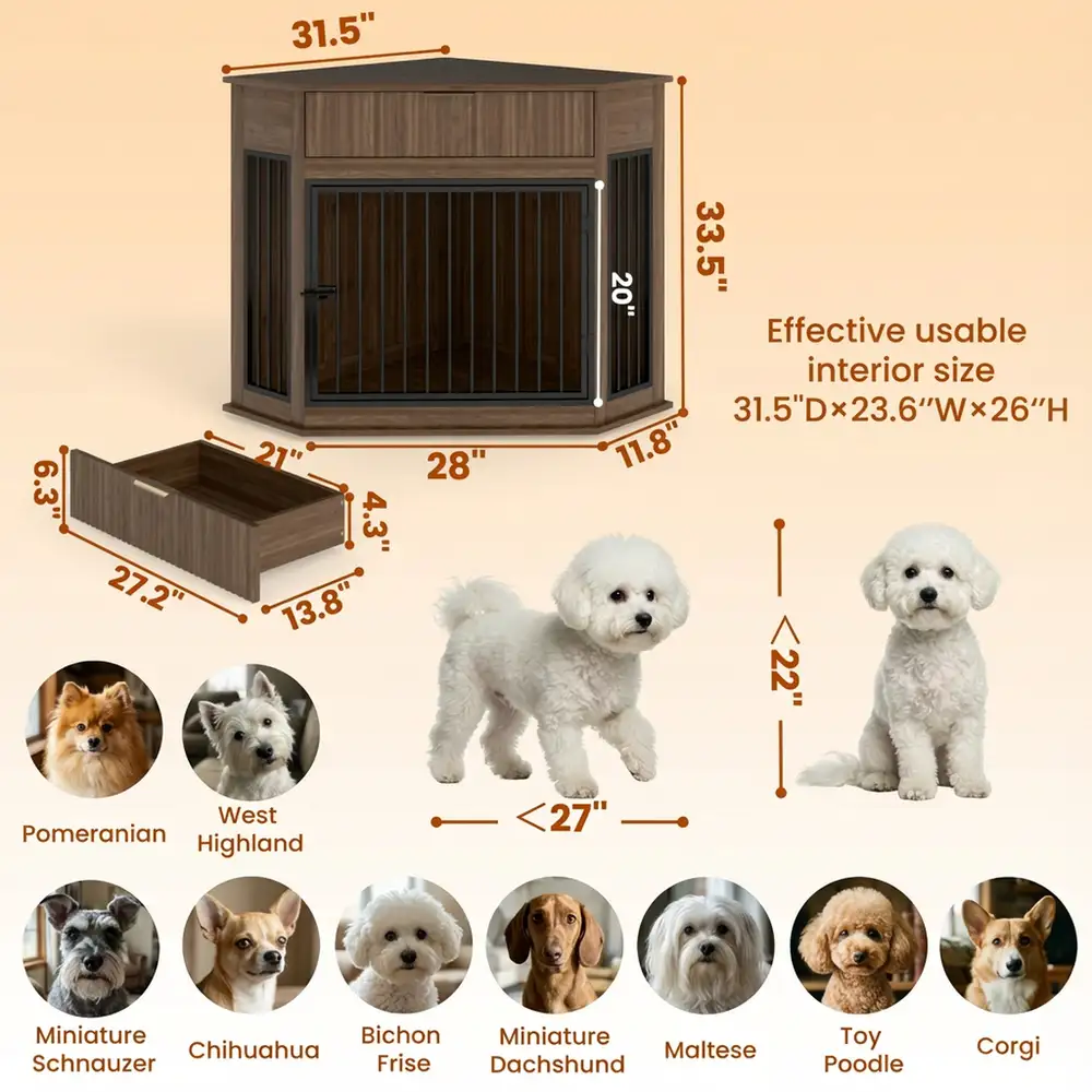 Decorative pet kennel with a functional fluted drawer for dog supplies storage