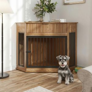 Modern space saving dog cage cabinet style end table used in a cozy living room décor