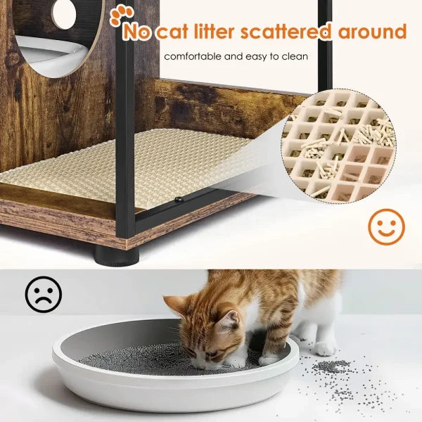 Litter-catching mat at the base of the rustic brown cabinet to reduce scatter