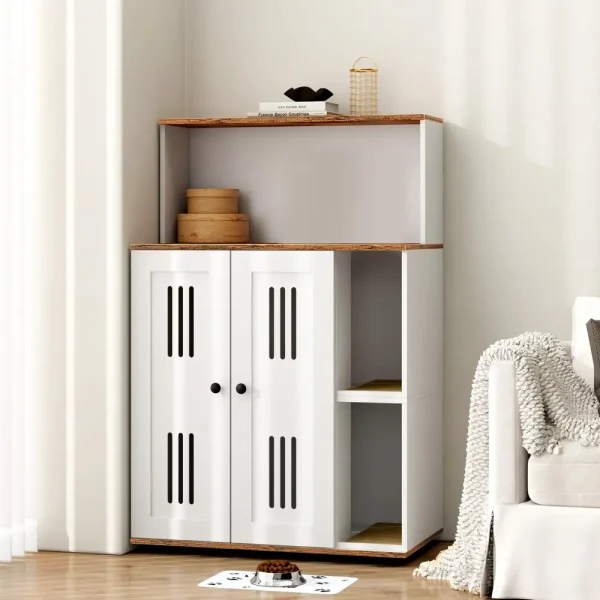 White walnut cat litter box enclosure, double-door cabinet front view