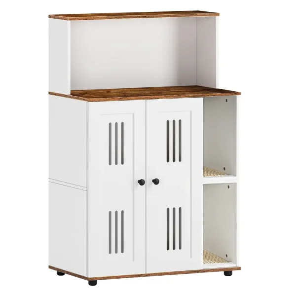 Cat litter cabinet with two stacked compartments, interior view