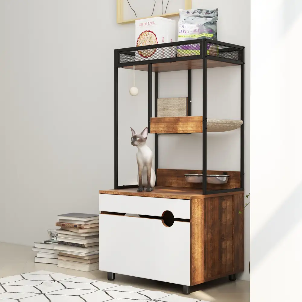 Cat tree storage cabinet with a cat resting on top beside books in a bright living room