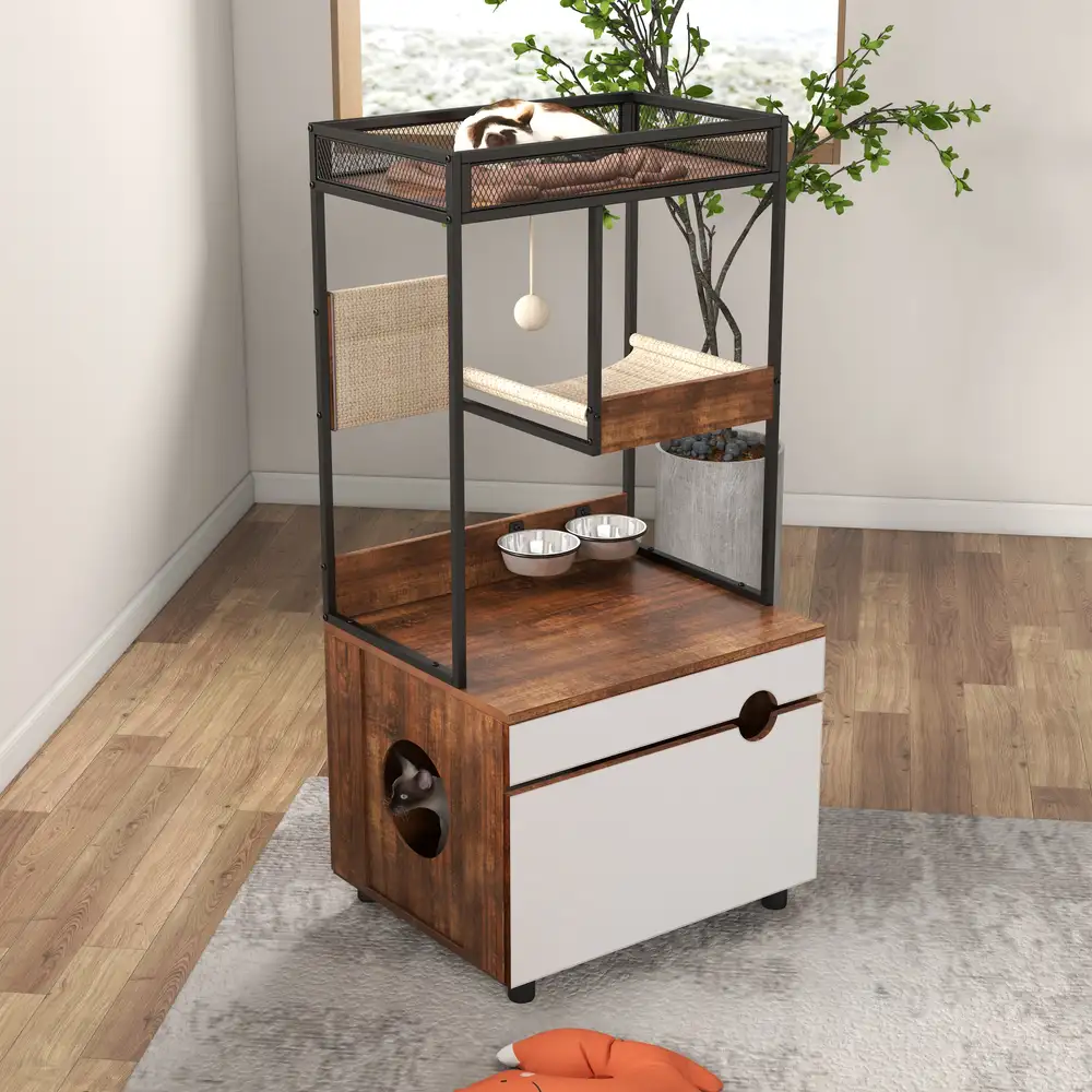 Cat Tree Storage Cabinet with Hidden Storage, Multifunctional Indoor Cat Furniture