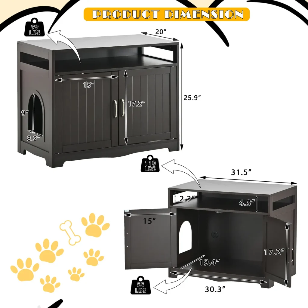 Brown dual entry cat litter box cabinet size