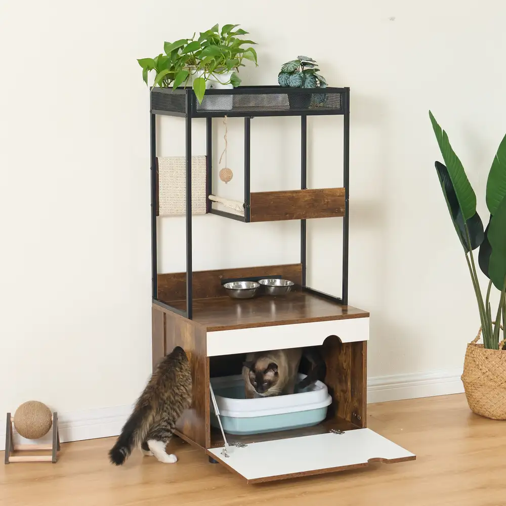 Cat tree storage cabinet with a cat using the enclosed base in a small apartment corner