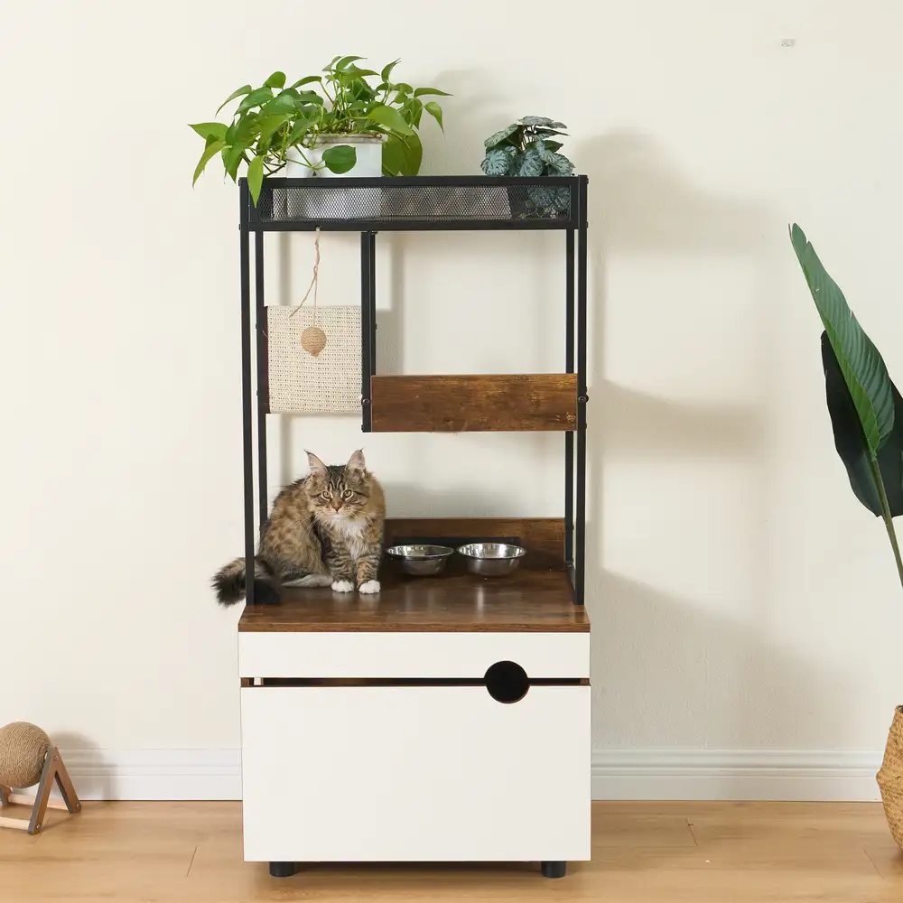 Cat tree storage cabinet with a tabby cat sitting on the feeding platform in a bright room