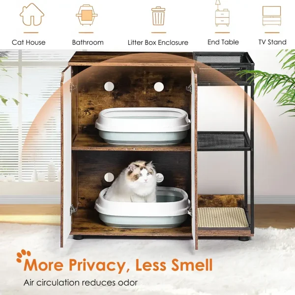 Open double doors reveal two stacked litter box compartments inside the hidden cabinet