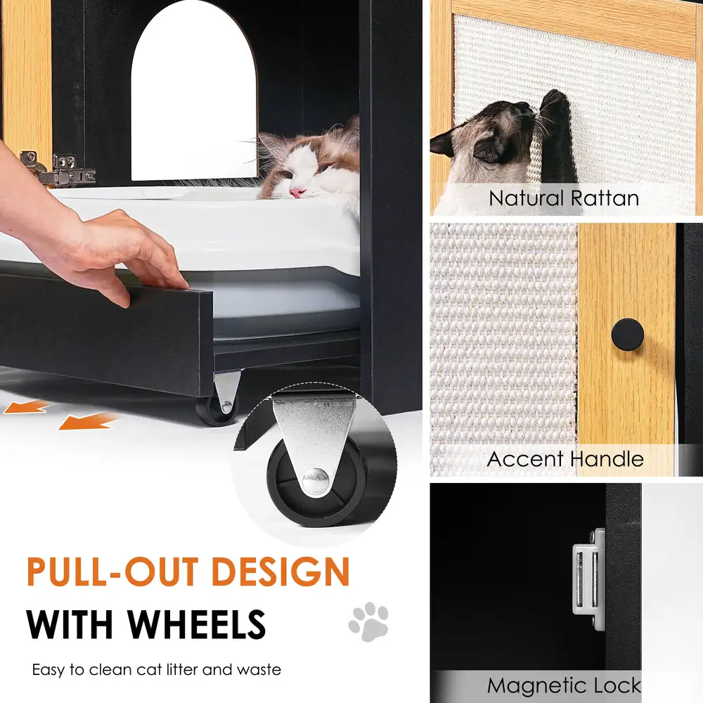 Pull-out drawer with wheels, rattan door, handle, and magnetic lock close-up details