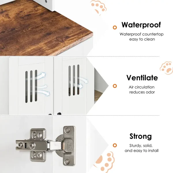 Double door cat litter box enclosure with air holes, doors open