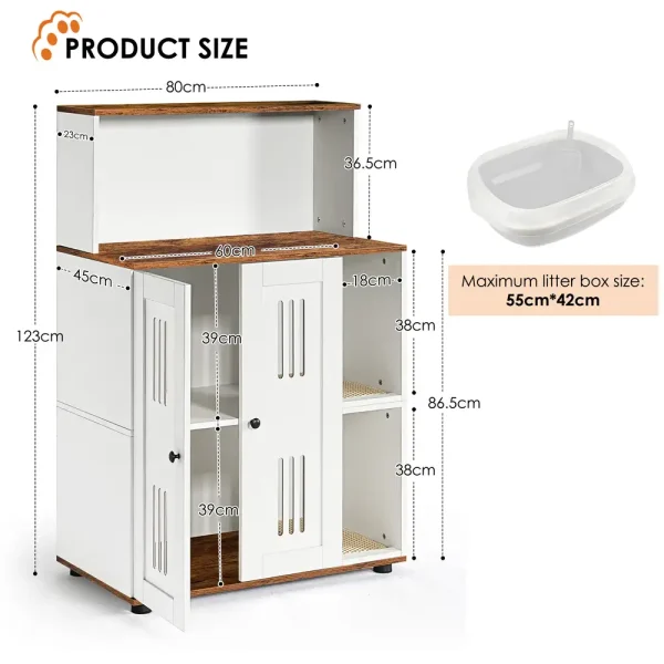 White and walnut cat litter box enclosure placed in a room corner
