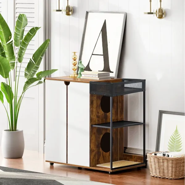 Rustic brown hidden cat furniture placed in a living room as an end table