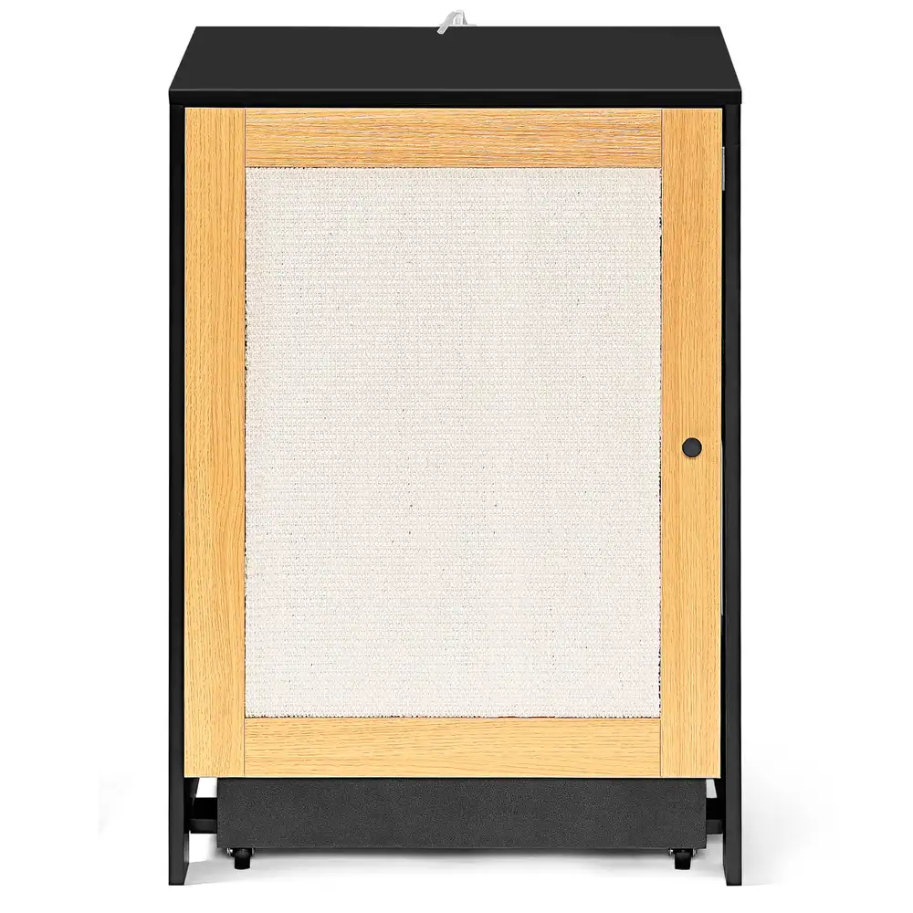 Front view of closed cat litter box enclosure with woven sisal door