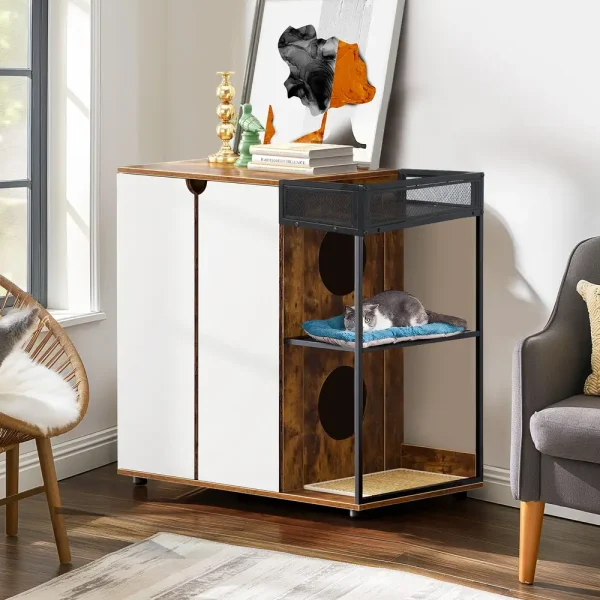 Cat resting on the middle shelf of the rustic brown hidden cabinet