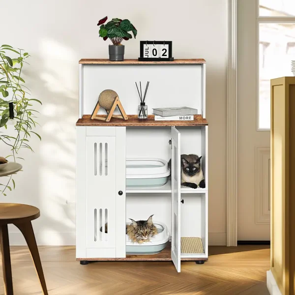 Cat litter box enclosure white walnut two-tone finish close-up