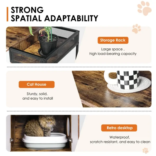 Feature collage showing storage rack, cat house compartment, and waterproof desktop surface