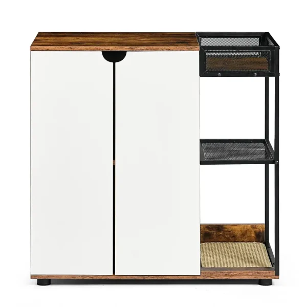 Front view of the double litter box enclosure with white doors and brown wood trim