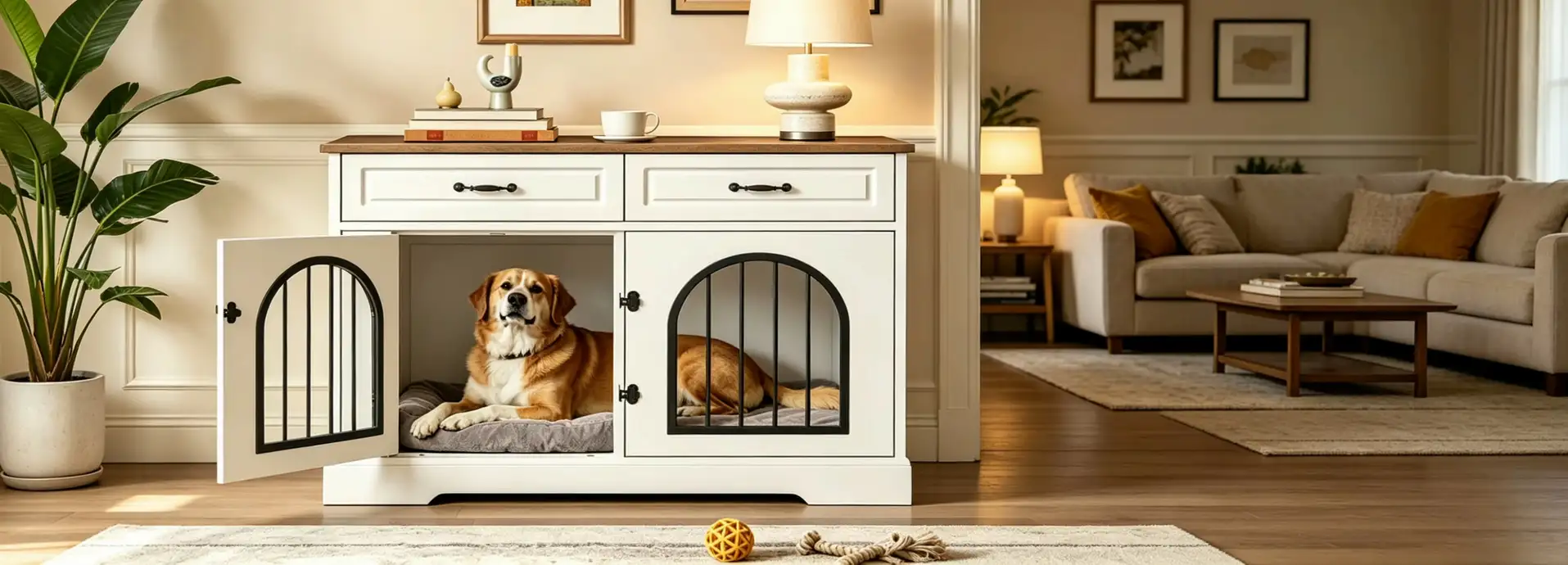 Modern dog crate furniture blending into living room