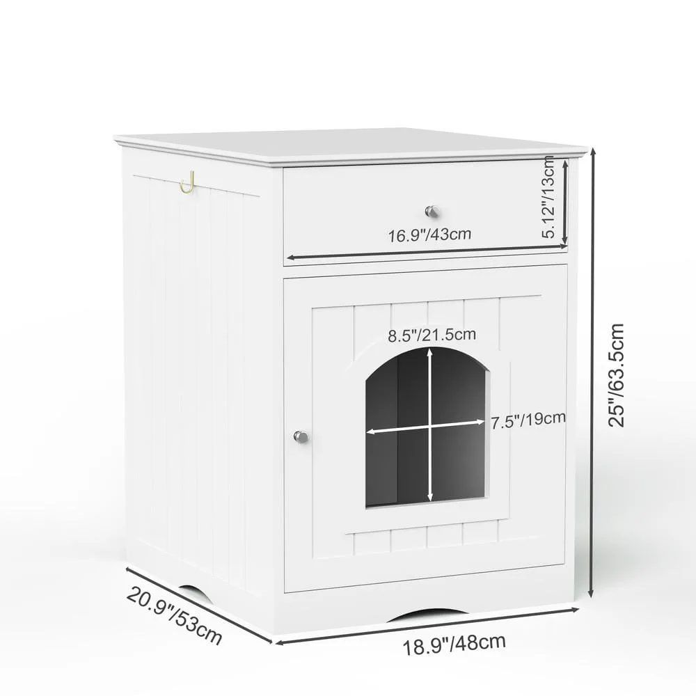 Cat litter box cabinet with storage drawer, doubling as an end table beside a sofa