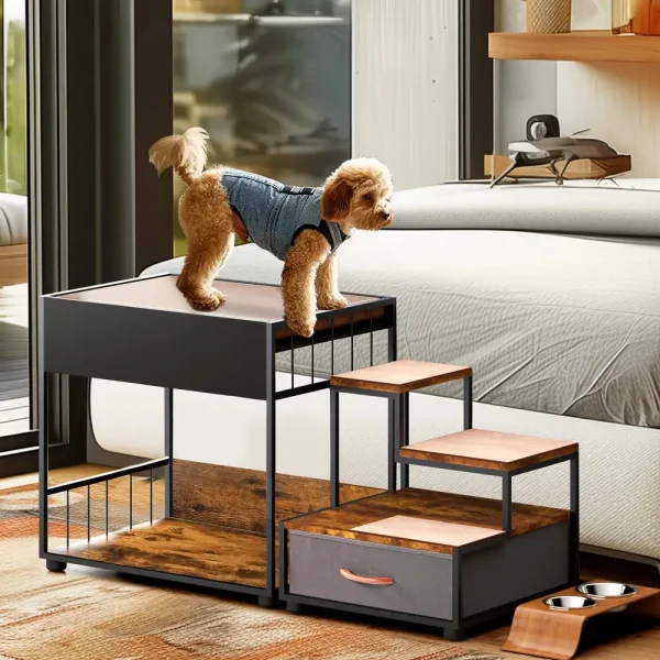 Small dog rests on the upper bunk of a vintage black pet window perch with an open storage drawer and food bowls nearby