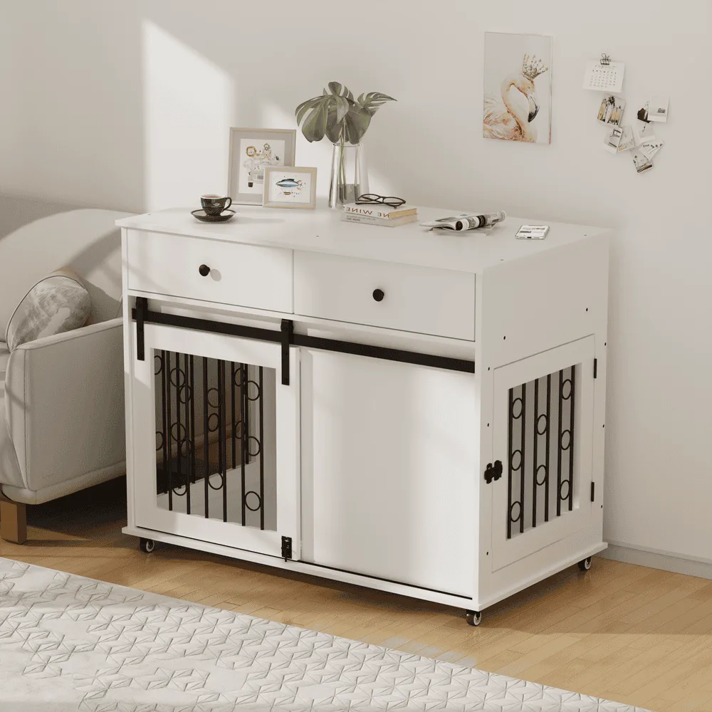 Wood dog crate furniture with a sliding barn door, shown in a farmhouse room