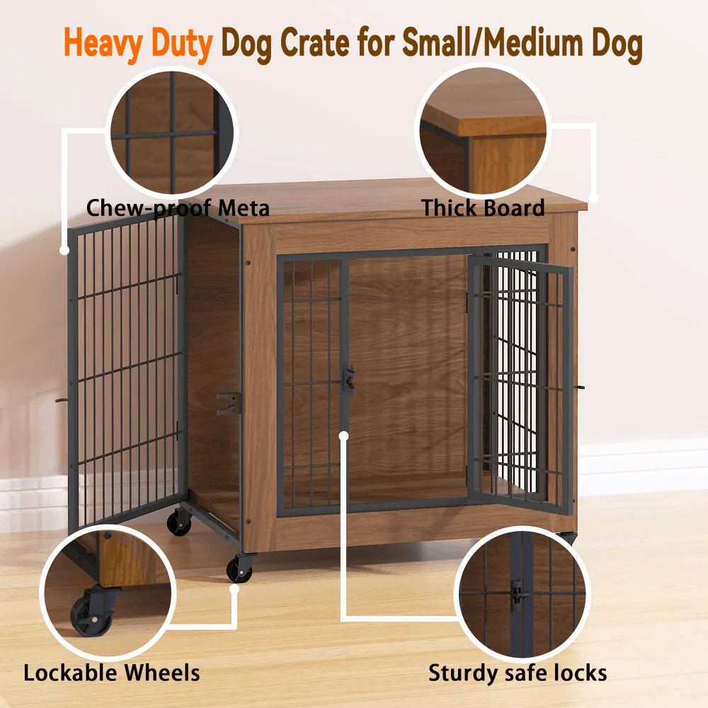 Heavy duty dog crate feature callouts showing chew-proof bars, thick board, and lockable wheels
