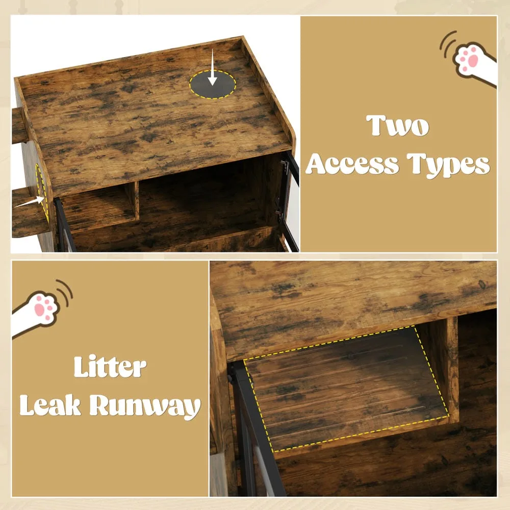 Wooden cat litter box furniture with a glass door and a storage drawer, bedroom view