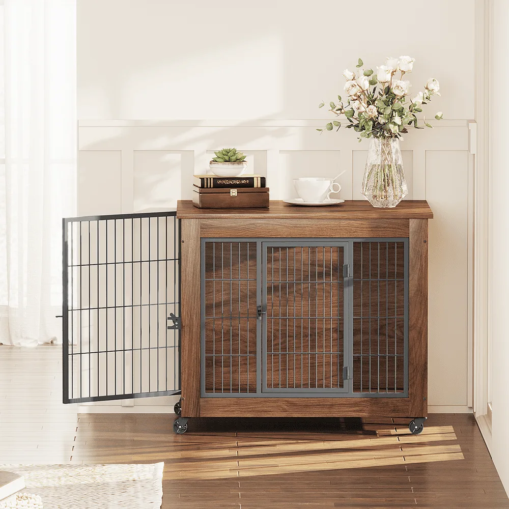 Dog crate with side door open styled as an end table in a bright entryway