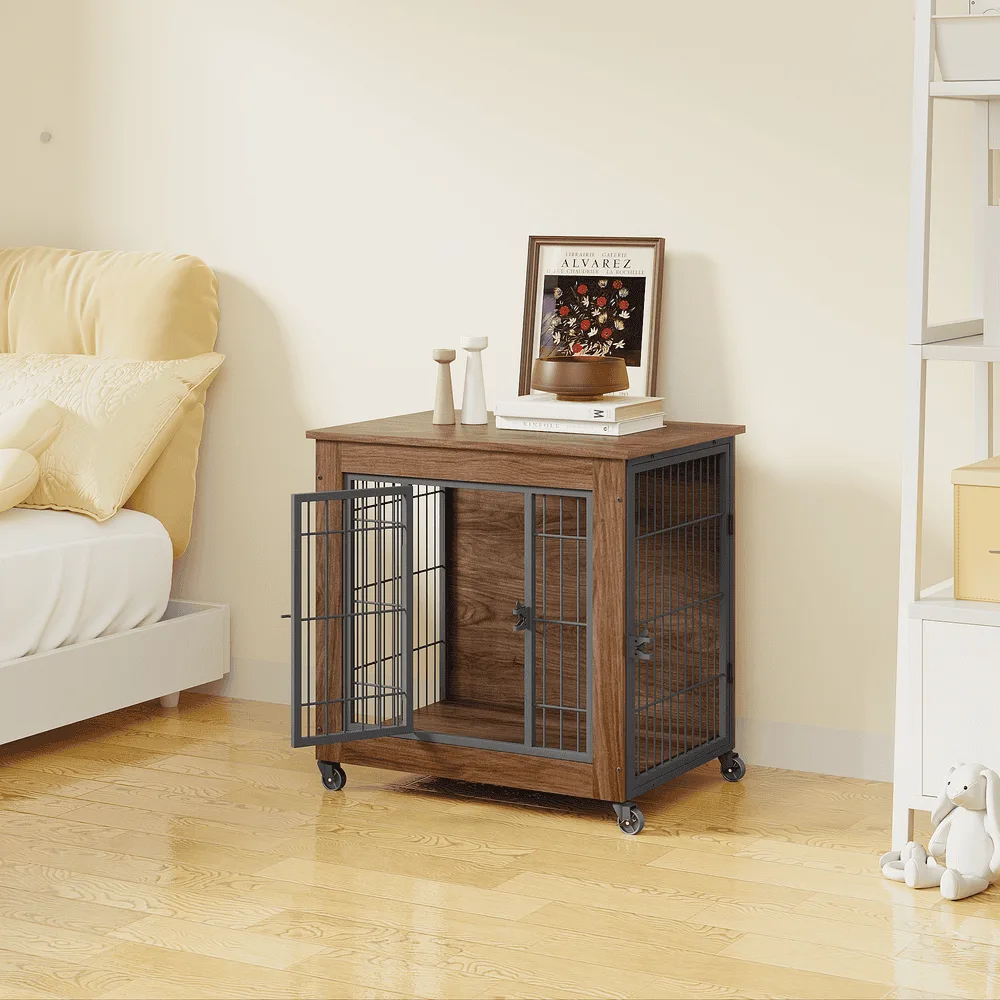 Walnut dog crate with open side door next to a bed in a bedroom