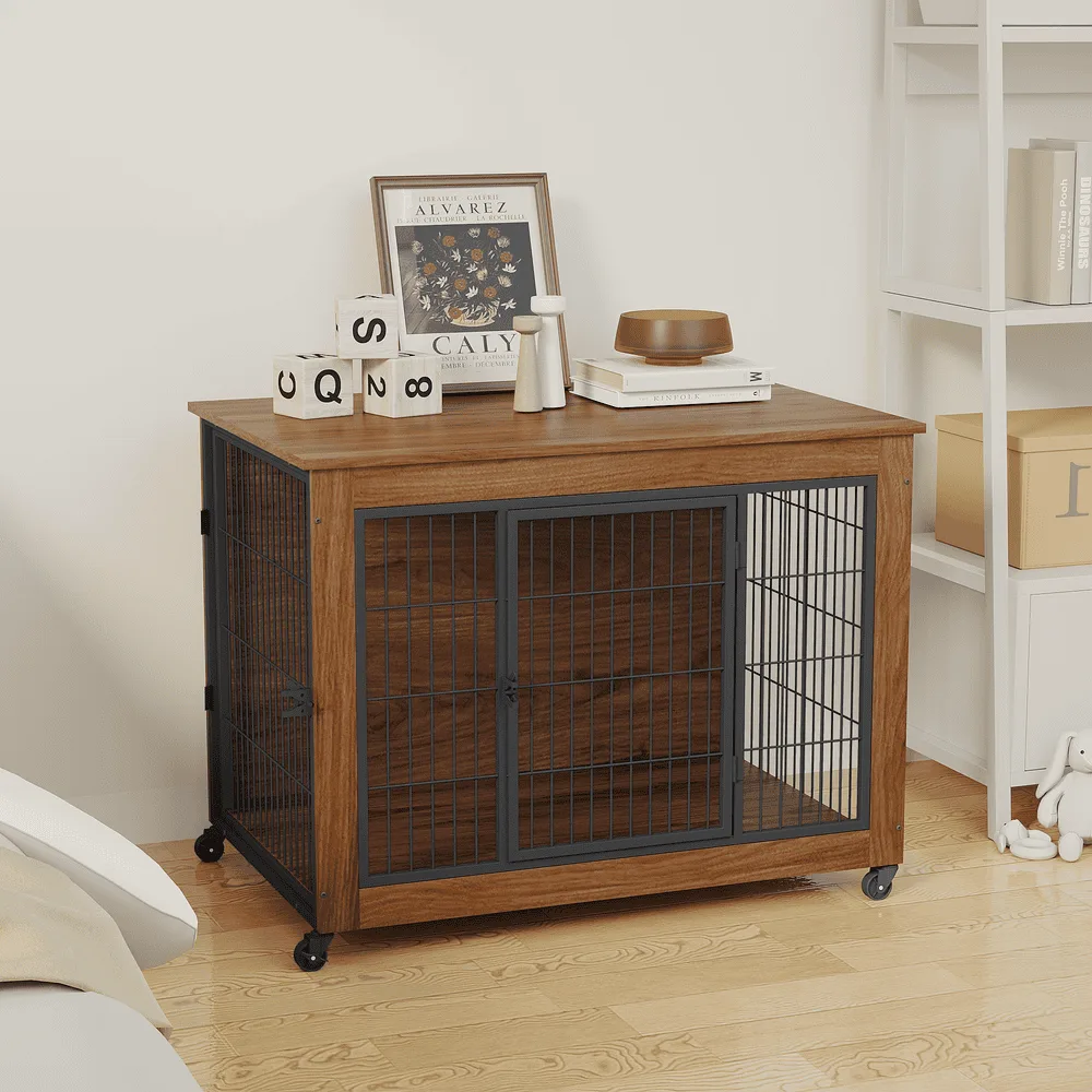 Heavy duty dog crate in walnut finish styled in a bedroom with decor on top