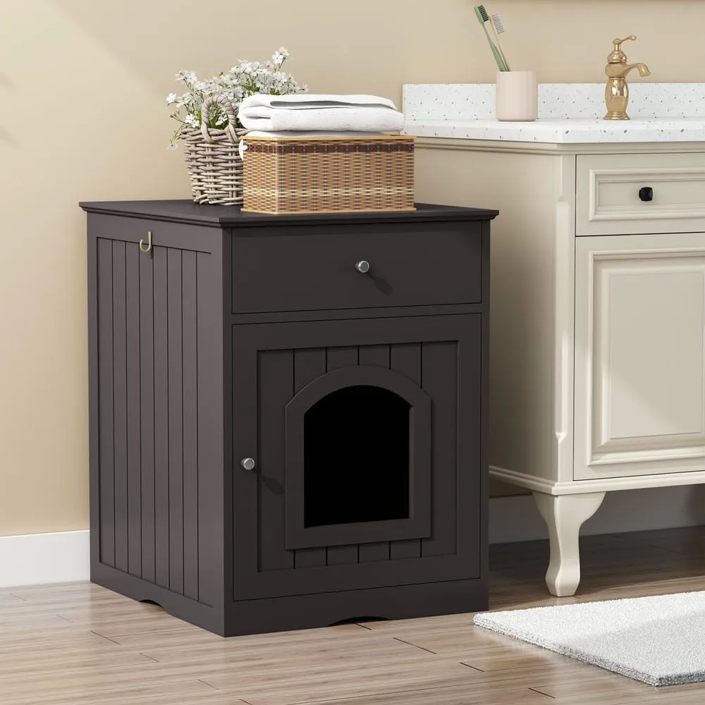 Wooden cat litter box cabinet with drawer and side table top in a cozy living room