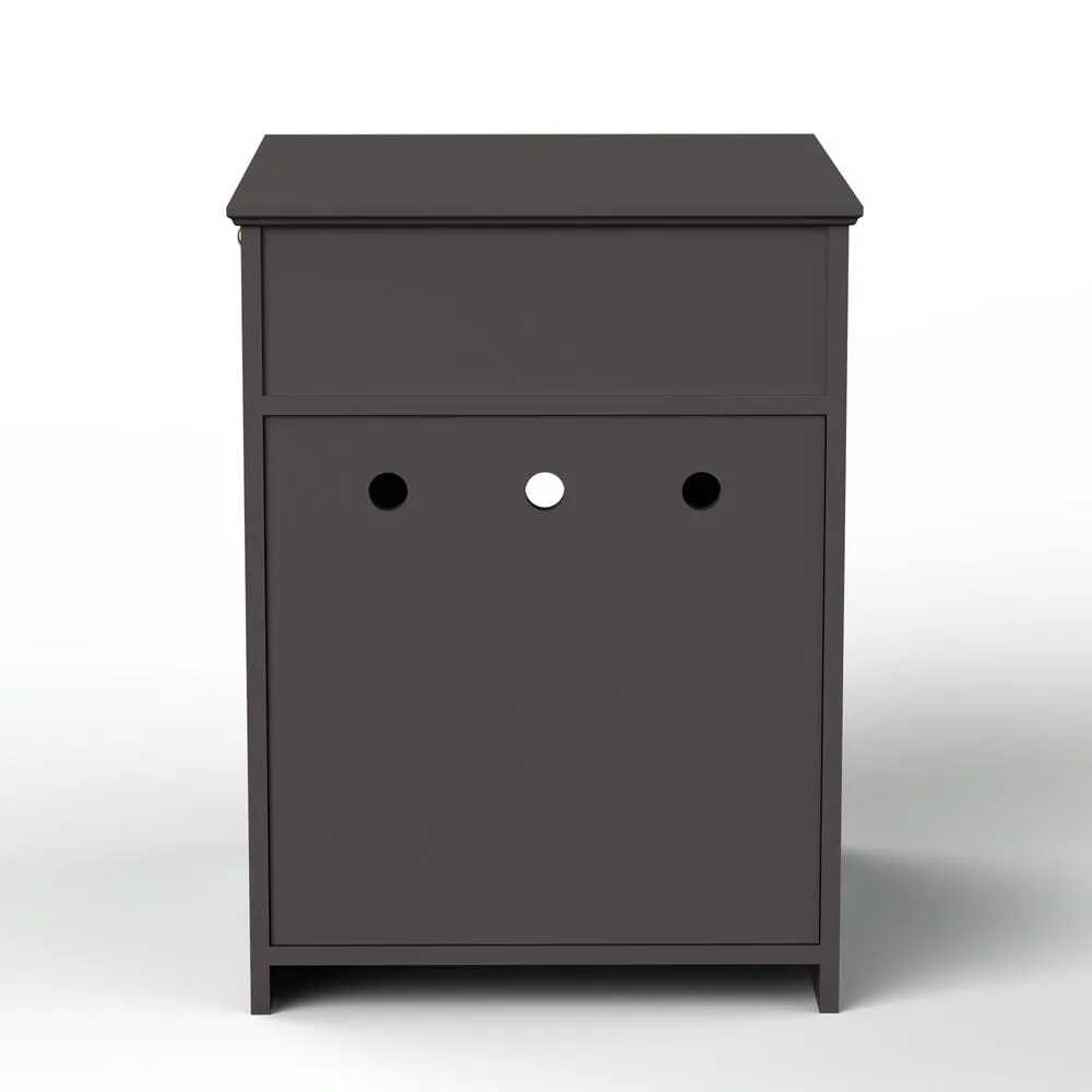 Closed wood-finish cabinet hiding the litter pan with a plant on top