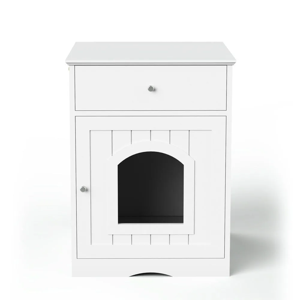 Wooden cat litter box cabinet with drawer and side table top in a cozy living room