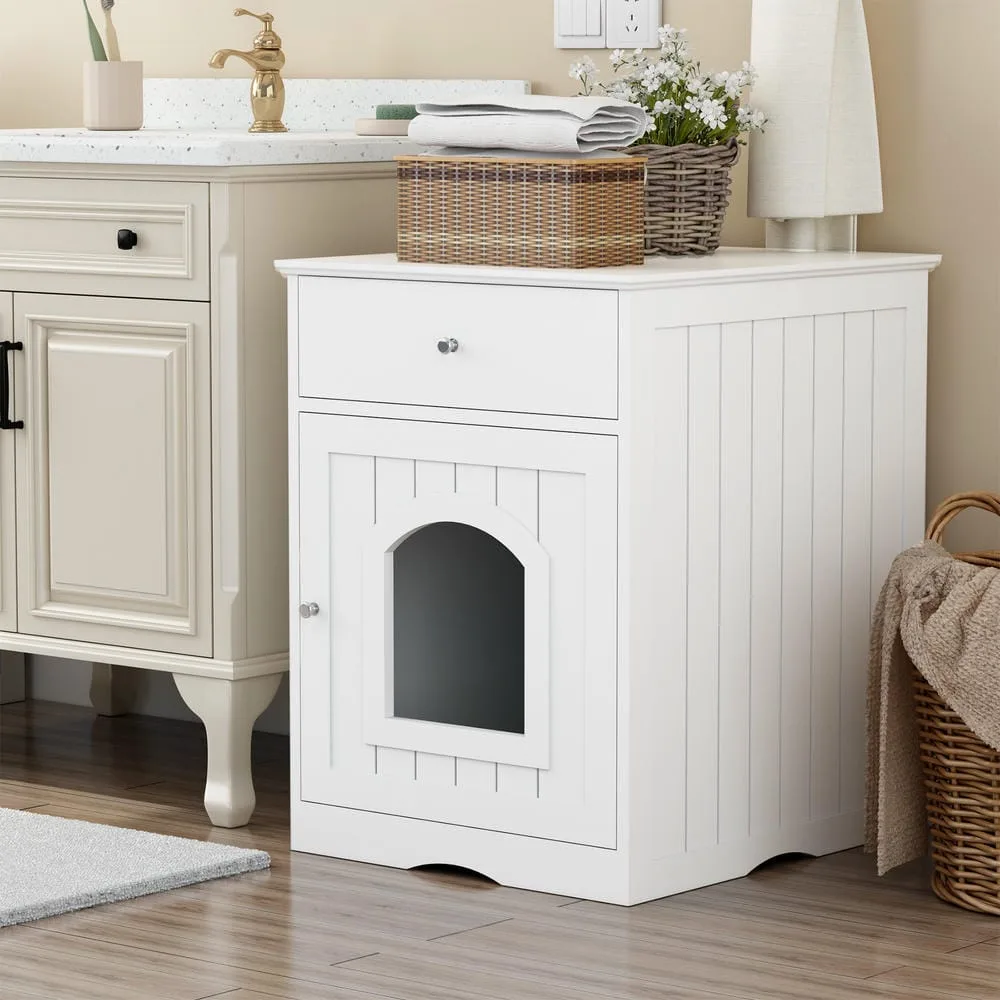 Cat litter box cabinet with storage drawer, doubling as an end table beside a sofa