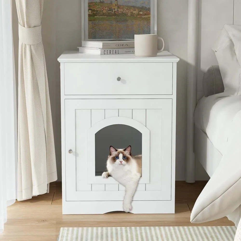 Wooden cat litter box cabinet with drawer and side table top in a cozy living room