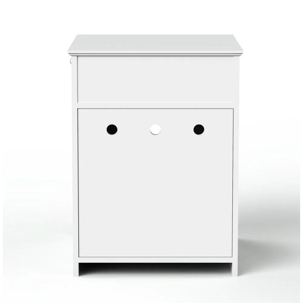 Cat litter box cabinet with storage drawer, doubling as an end table beside a sofa