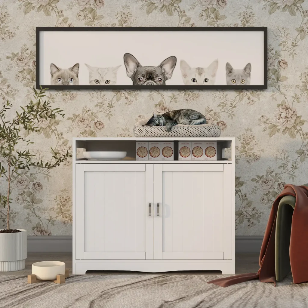 White double cat litter box enclosure with a cat resting on the cushion top in a bright living room