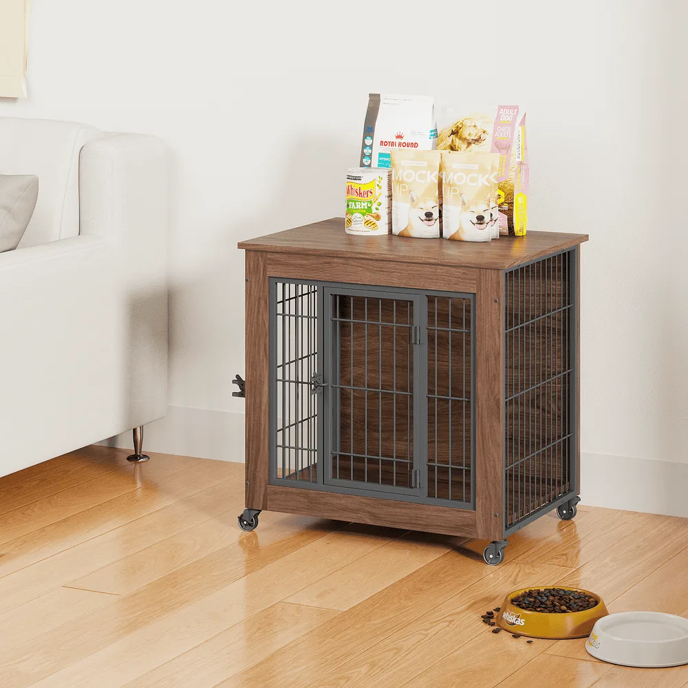 Dog crate furniture with supplies on top beside a sofa in a living room