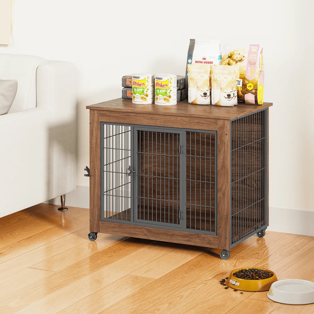 Heavy duty dog crate with double wire doors closed and pet supplies on the top
