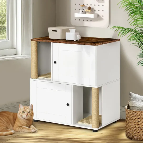 Double cat litter box enclosure in a room corner with woven baskets on top